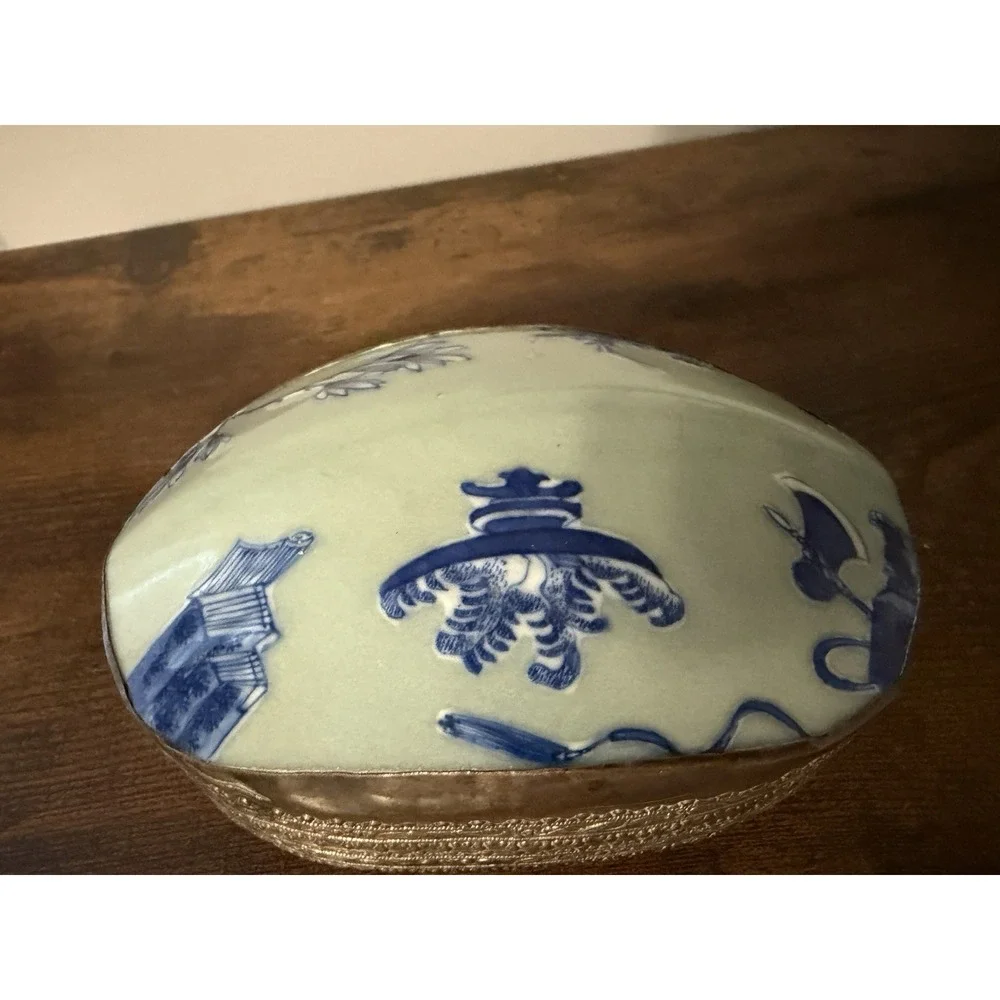 Vintage Chinoiserie Silverplate Box w/ Reclaimed Antique China Lid